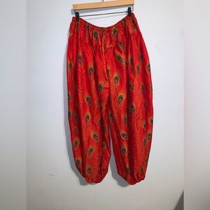Vibrant Red Peacock Feather print jasmine ballon harem Pants size 42 us 16